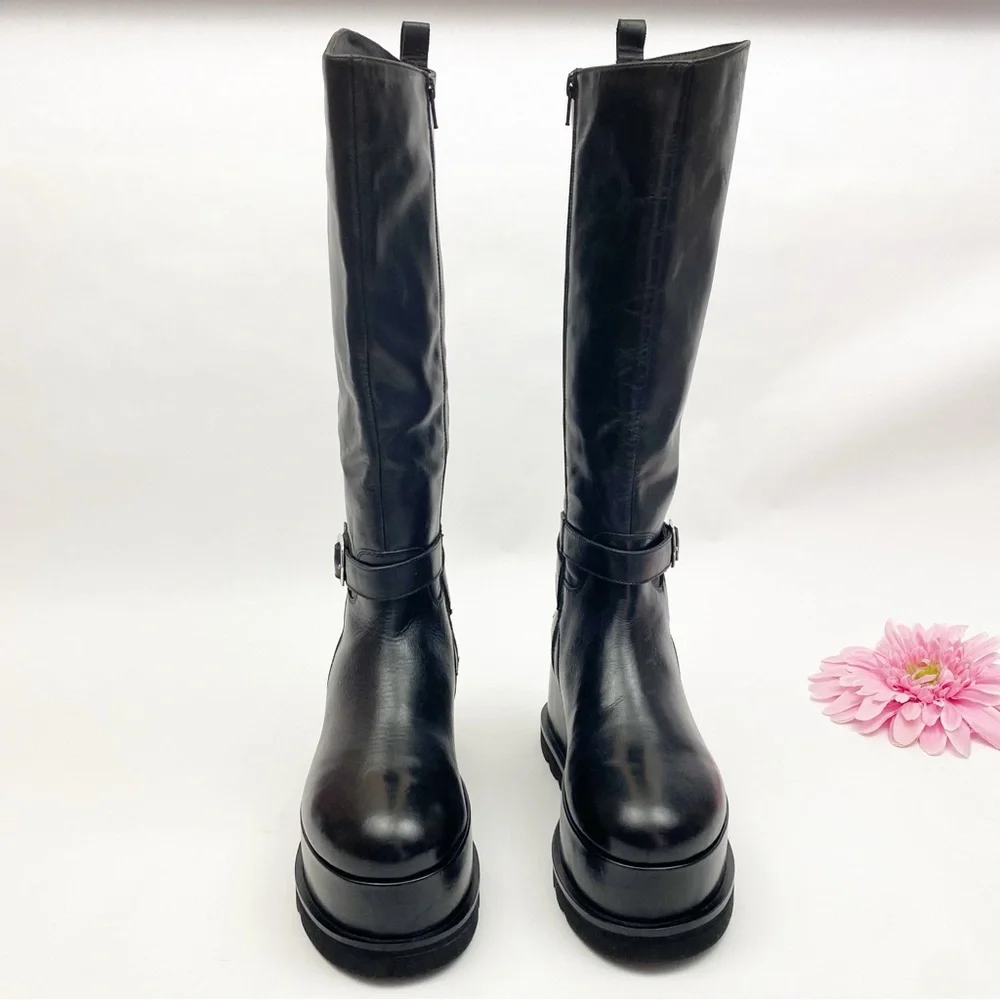 Free People Collection Not For Riding Platform Boots Tall Leather Buckle Black